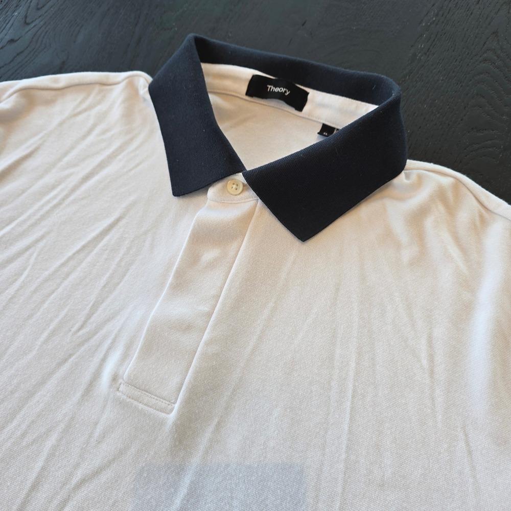 Theory Mens Kayser Polo Anemone Milano White Navy Blue Contrast Collar XL